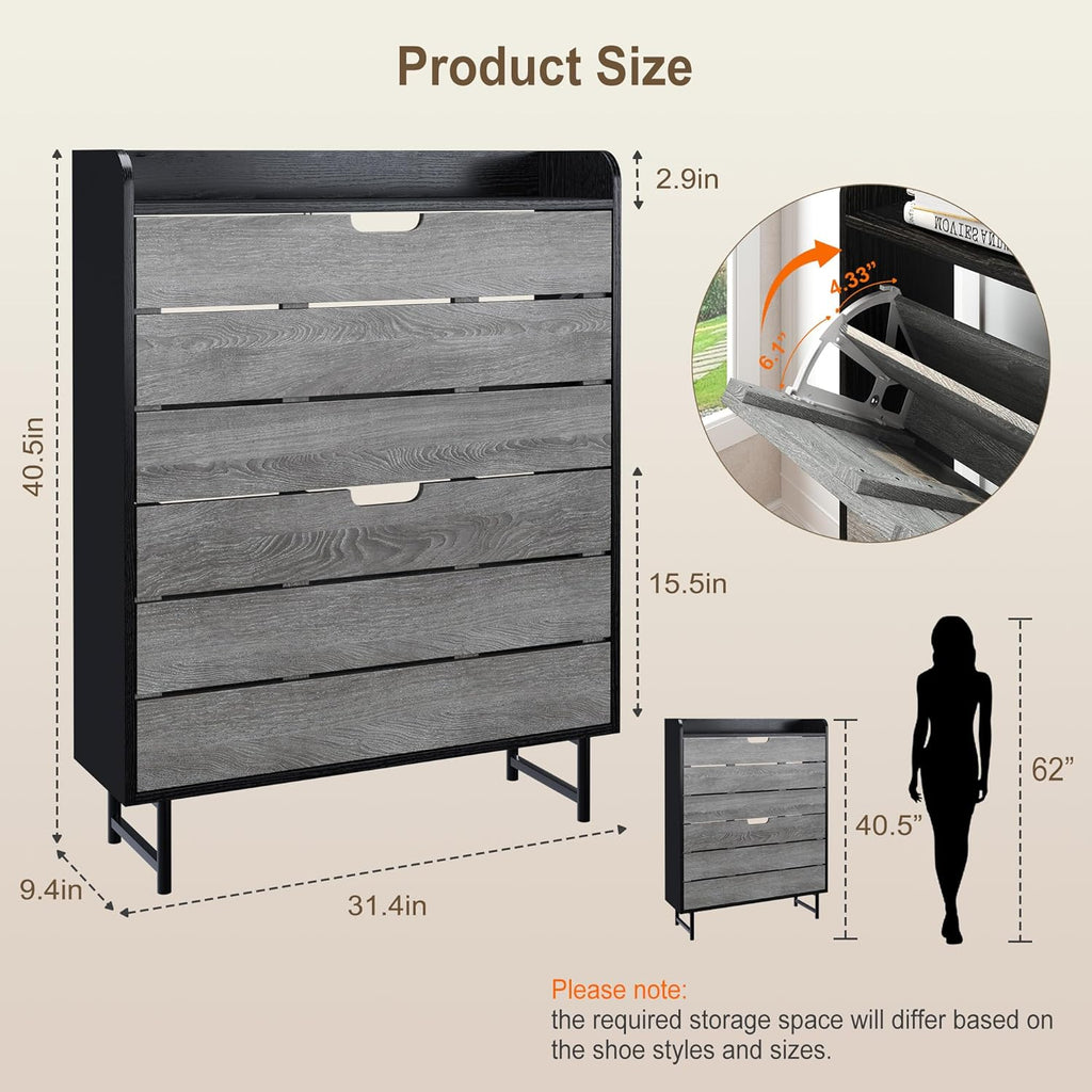 Vividwood 2-Drawer Shoe Cabinet‌ - Narrow Organizer with Adjustable Shelf (Grey)