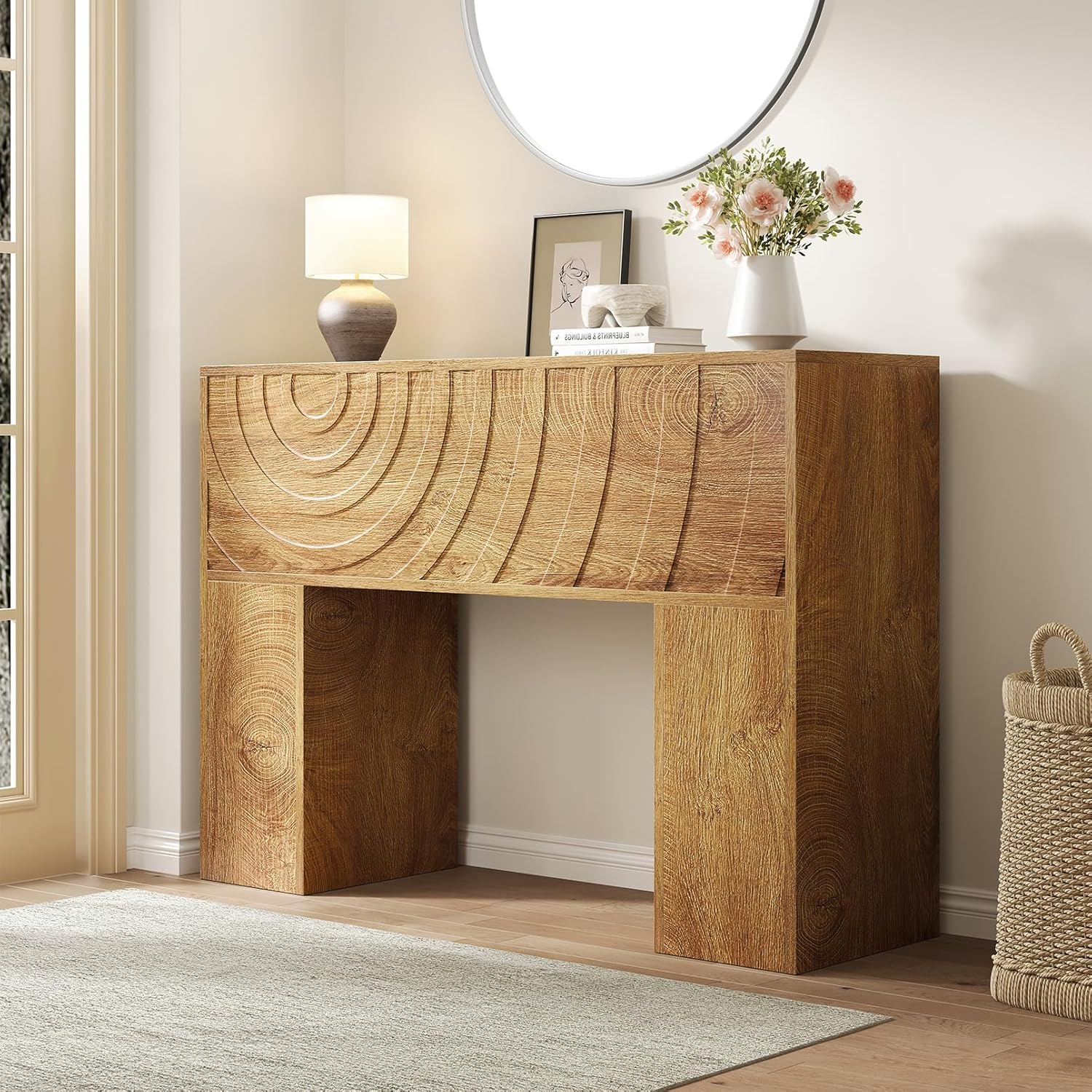 Vividwood Farmhouse Entryway Table - Carved Water Ripple Design (13.4" Wide)