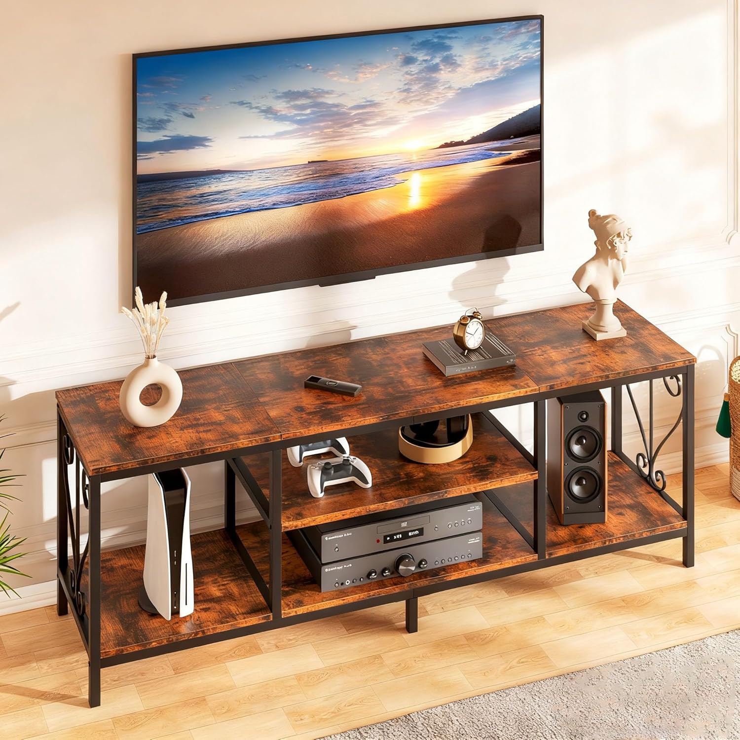 Vividwood 63" Industrial TV Stand for 70" TVs - 3-Tier Open Shelves & Soundbar Space