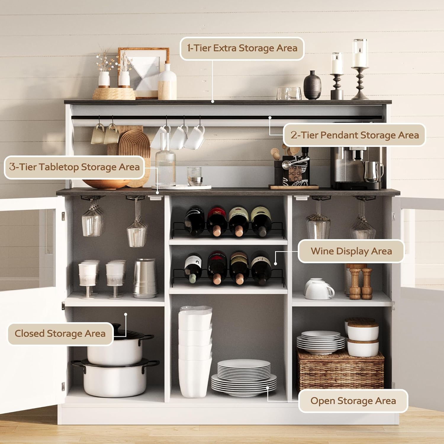 Vividwood Farmhouse Bar Cabinet‌ - Acrylic-Front Storage Hutch with Goblet Holder (Grey)