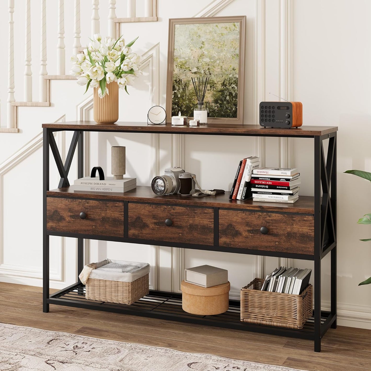Vividwood 47" Farmhouse Console Table - 3-Drawer & Open Shelf Design (Rustic Brown)
