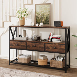 Vividwood 47" Farmhouse Console Table - 3-Drawer & Open Shelf Design (Rustic Brown)