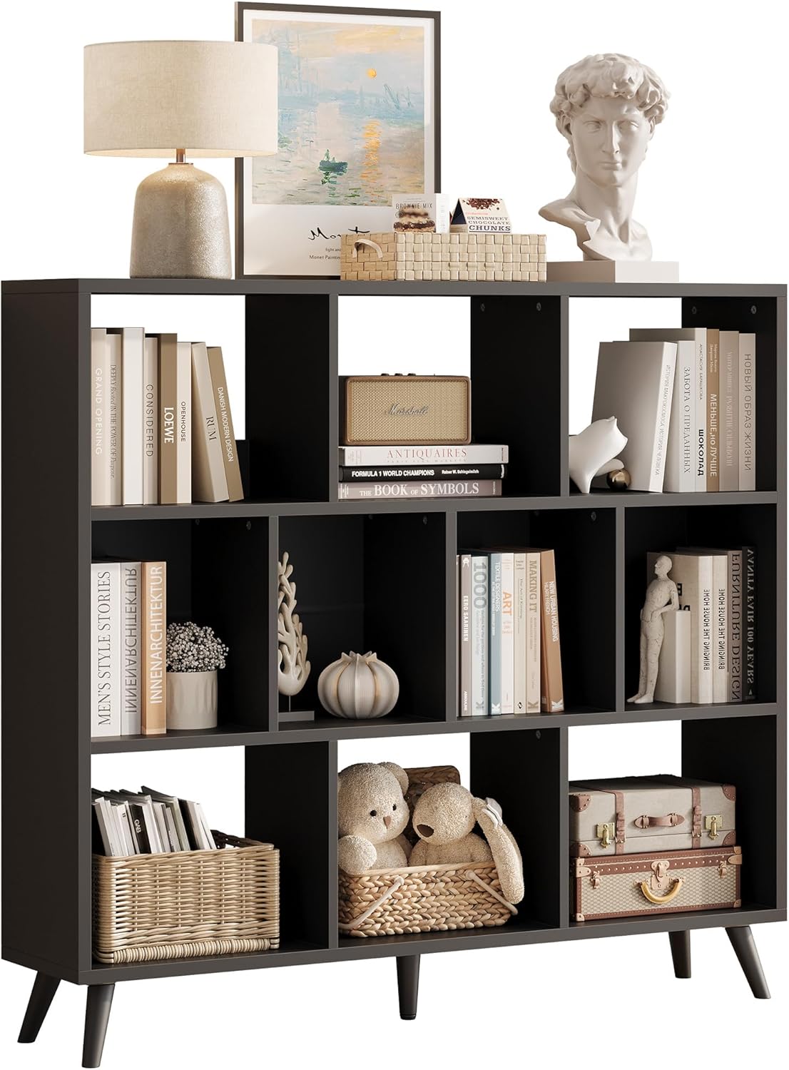 Vividwood 10-Cube Bookcase - 3-Tier Wooden Storage Organizer for Small Spaces (Black)