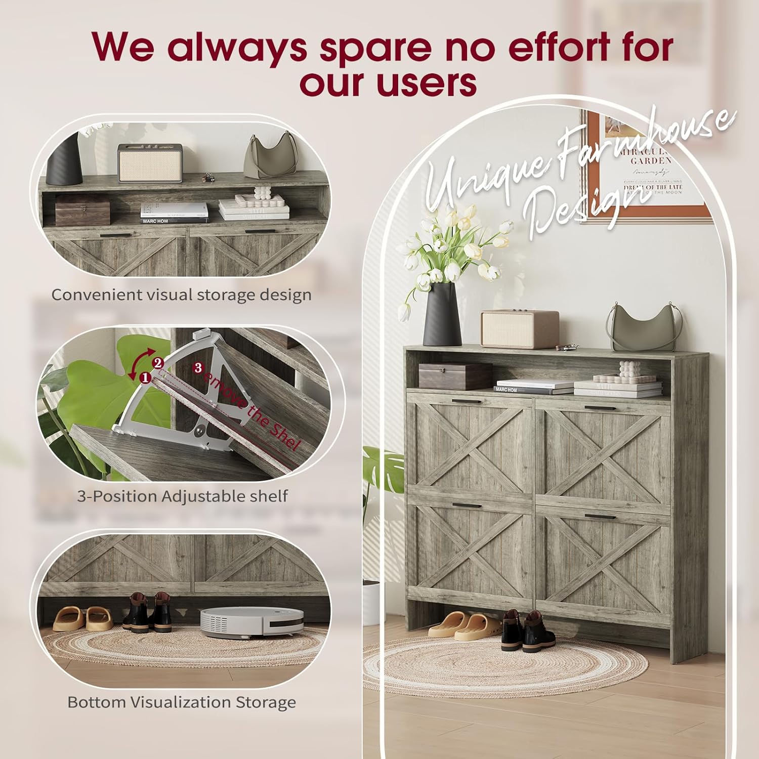 Vividwood 4-Drawer Shoe Cabinet‌ - Narrow Organizer for Classified Storage (Grey)