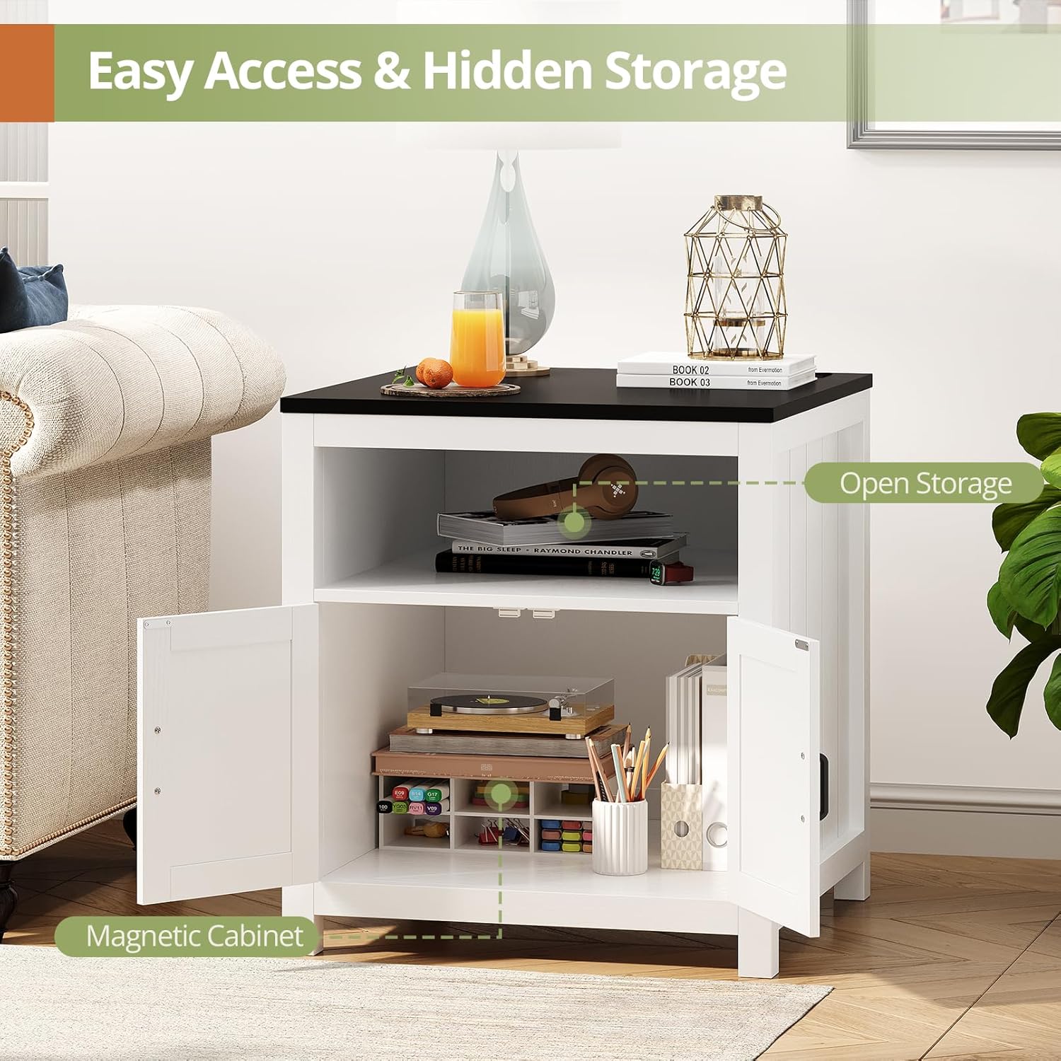 Vividwood 23.6" Farmhouse End Table - Barn Door Design with Charging Station