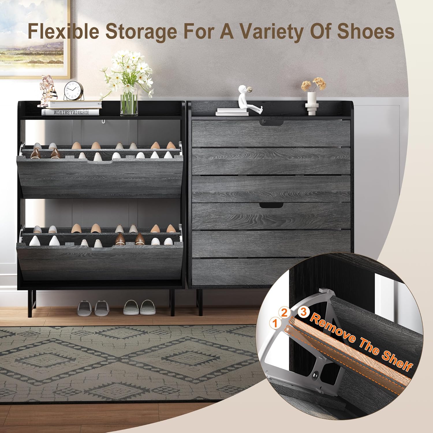 Vividwood 2-Drawer Shoe Cabinet‌ - Narrow Organizer with Adjustable Shelf (Grey)