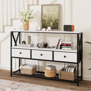 Vividwood 47" Farmhouse Console Table - 3-Drawer & Open Shelf Design (Rustic White)
