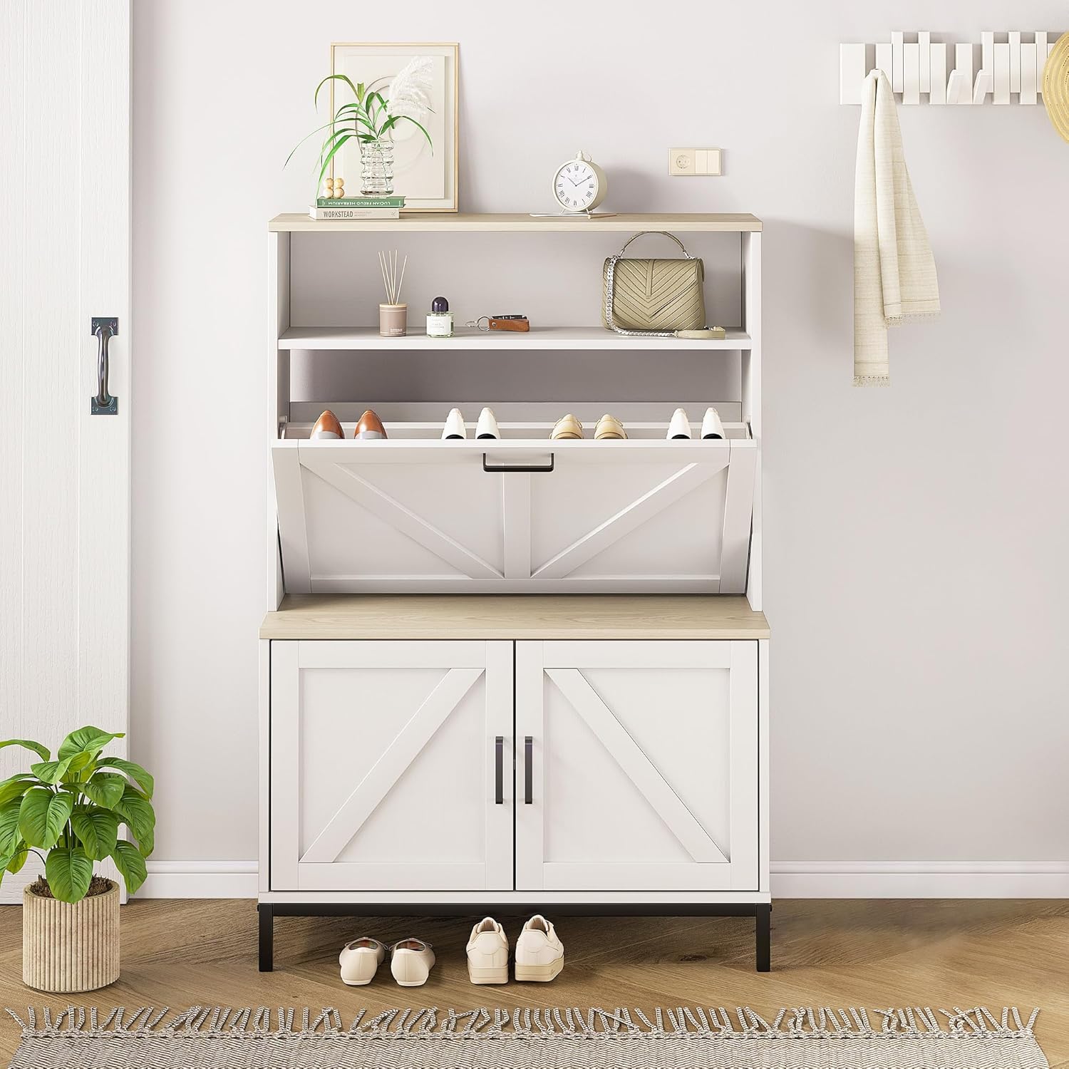 Vividwood Shoe Storage Cabinet - Anti-Tip Design with Metal Legs (Classical White)