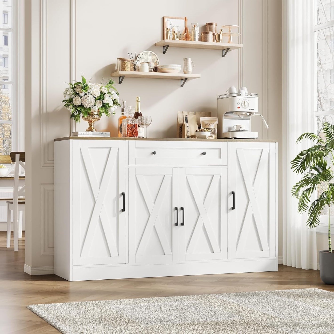 AesthLife Modern Farmhouse Sideboard - Wood Storage Cabinet with Doors & Drawer (White Oak Finish)