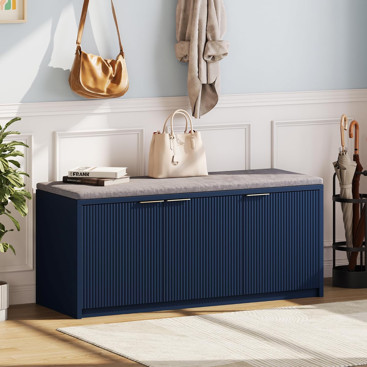 Vividwood Navy Blue Shoe Storage Bench‌ - 41.3" Entryway Cabinet with Padded Seat