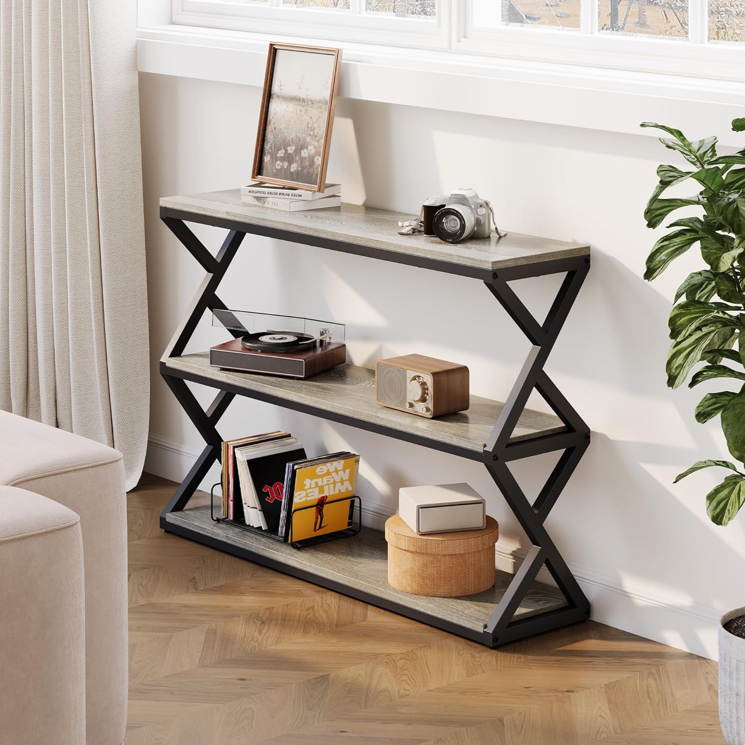 Vividwood Industrial Console Table - 3-Tier Rustic Design with Storage Shelves (Light Gray)