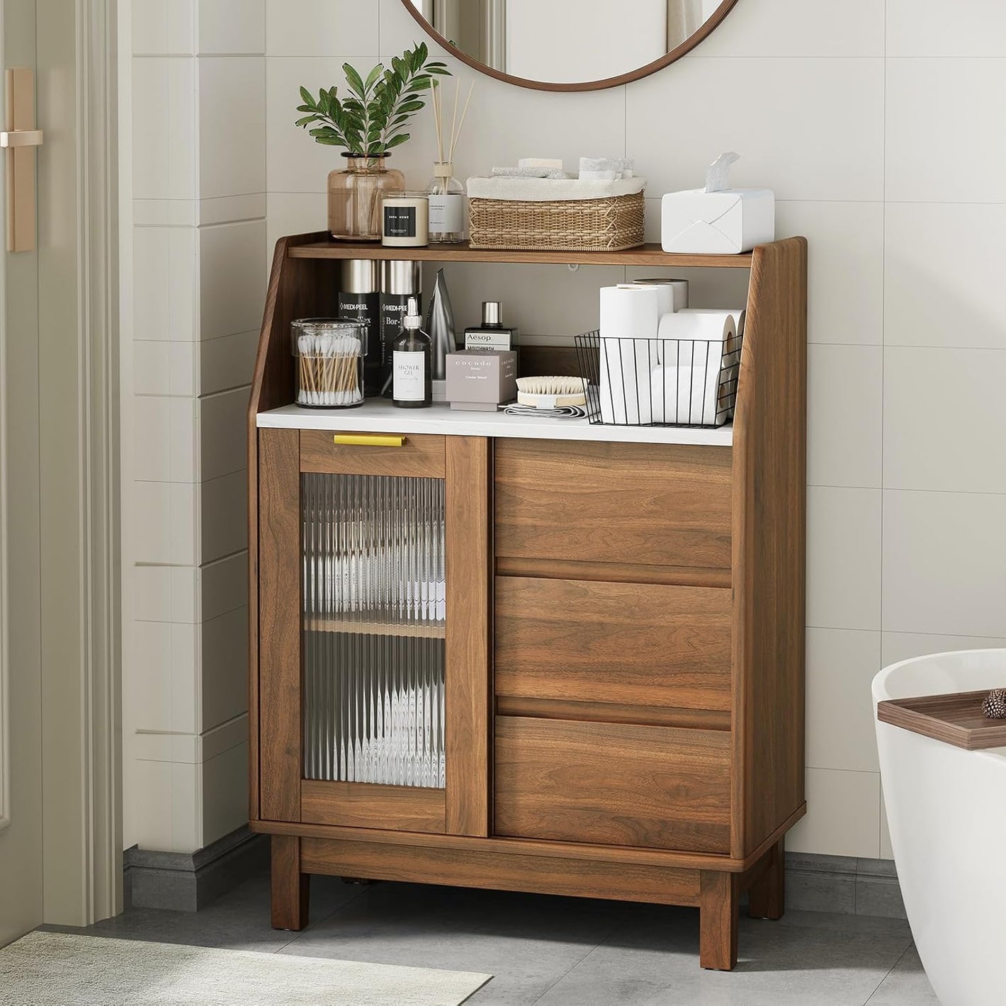 Vividwood Small Bathroom Storage Cabinet with Doors & Shelves, Coffee Bar Buffet Sideboard for Dining Room Living Room Entryway, Walnut-1