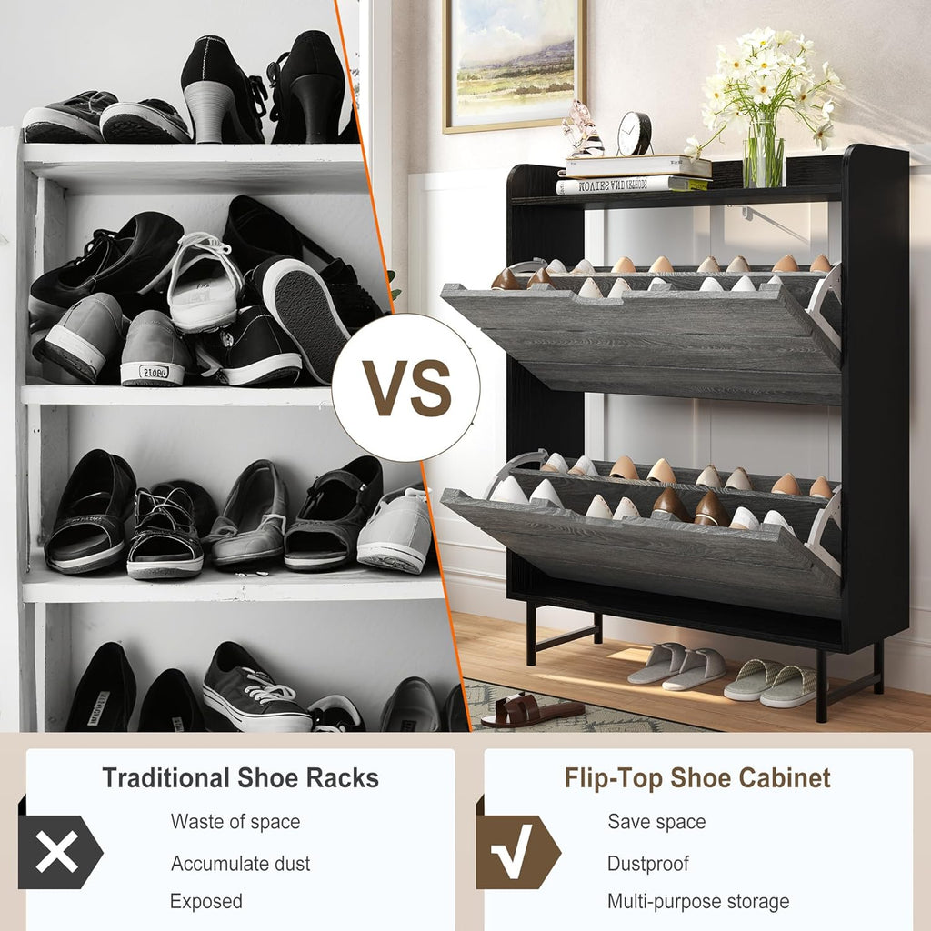 Vividwood 2-Drawer Shoe Cabinet‌ - Narrow Organizer with Adjustable Shelf (Grey)