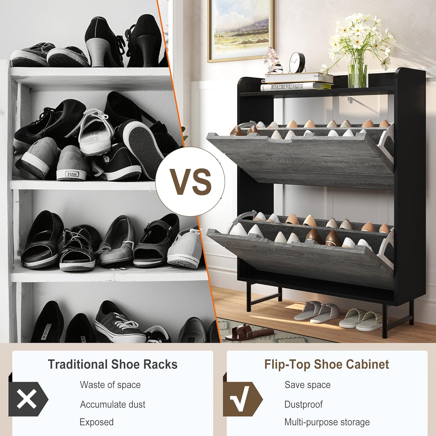 Vividwood 2-Drawer Shoe Cabinet‌ - Narrow Organizer with Adjustable Shelf (Grey)