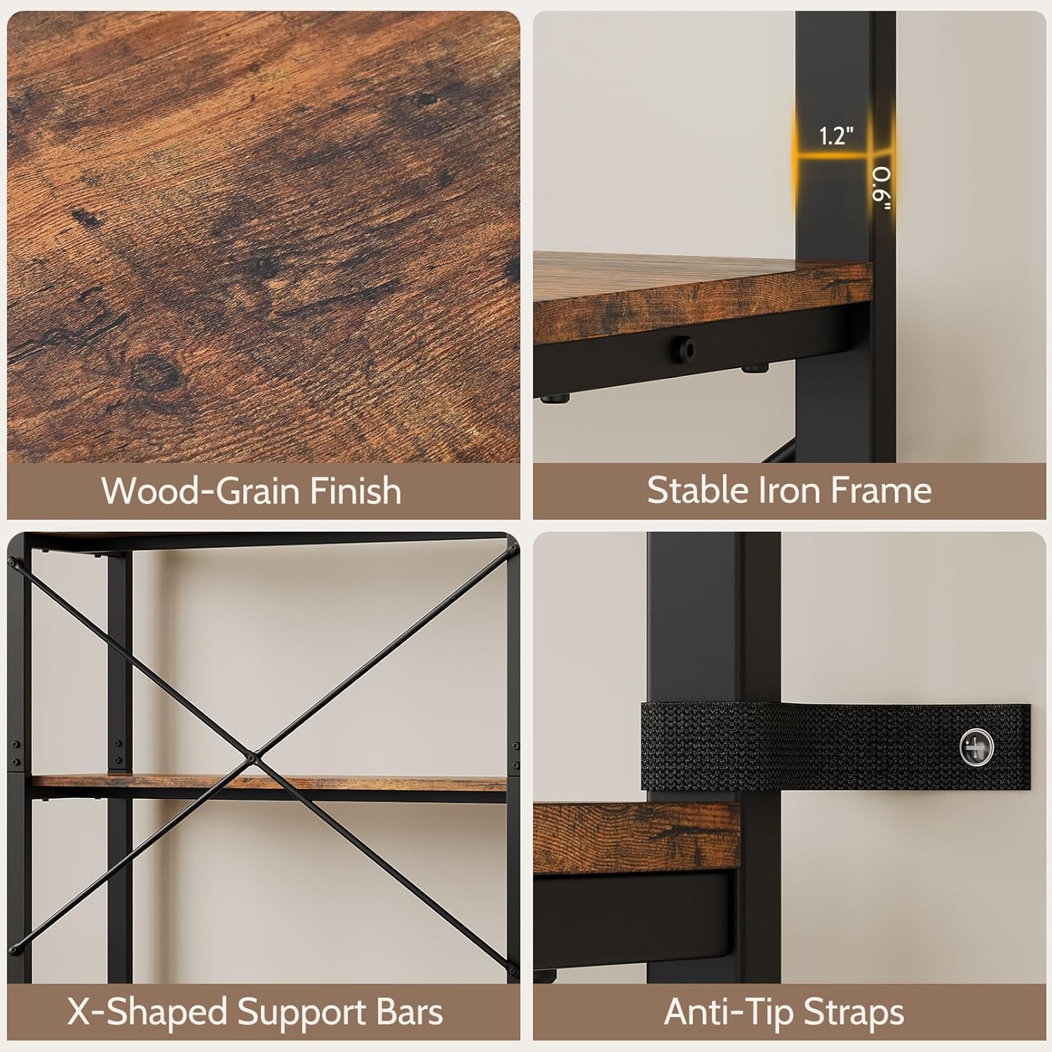 Vividwood 5-Tier Industrial Bookshelf - Tree Display with Fabric Drawers (Rustic Brown)