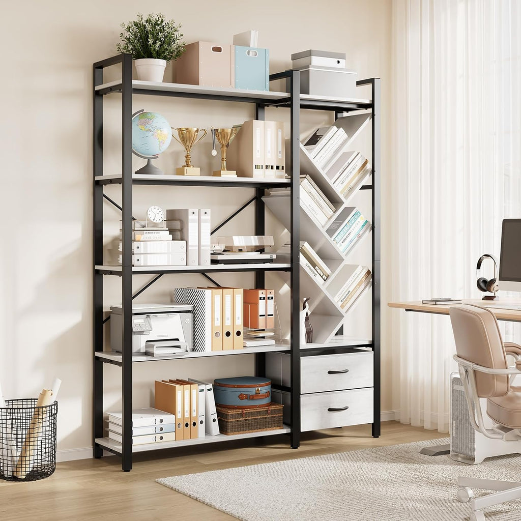 Vividwood 5-Tier Industrial Bookshelf - Tree Display with Fabric Drawers (White)