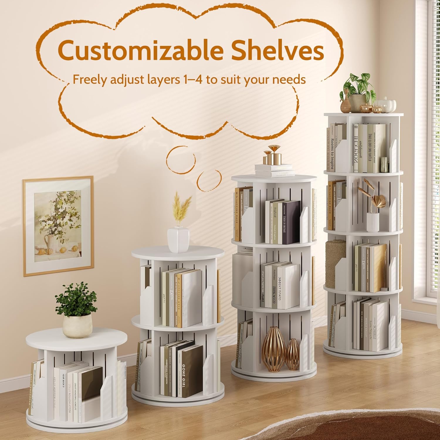 Vividwood 360° Spinning Bookshelf - 4-Tier Corner Organizer for Small Spaces & Kids Rooms (white)