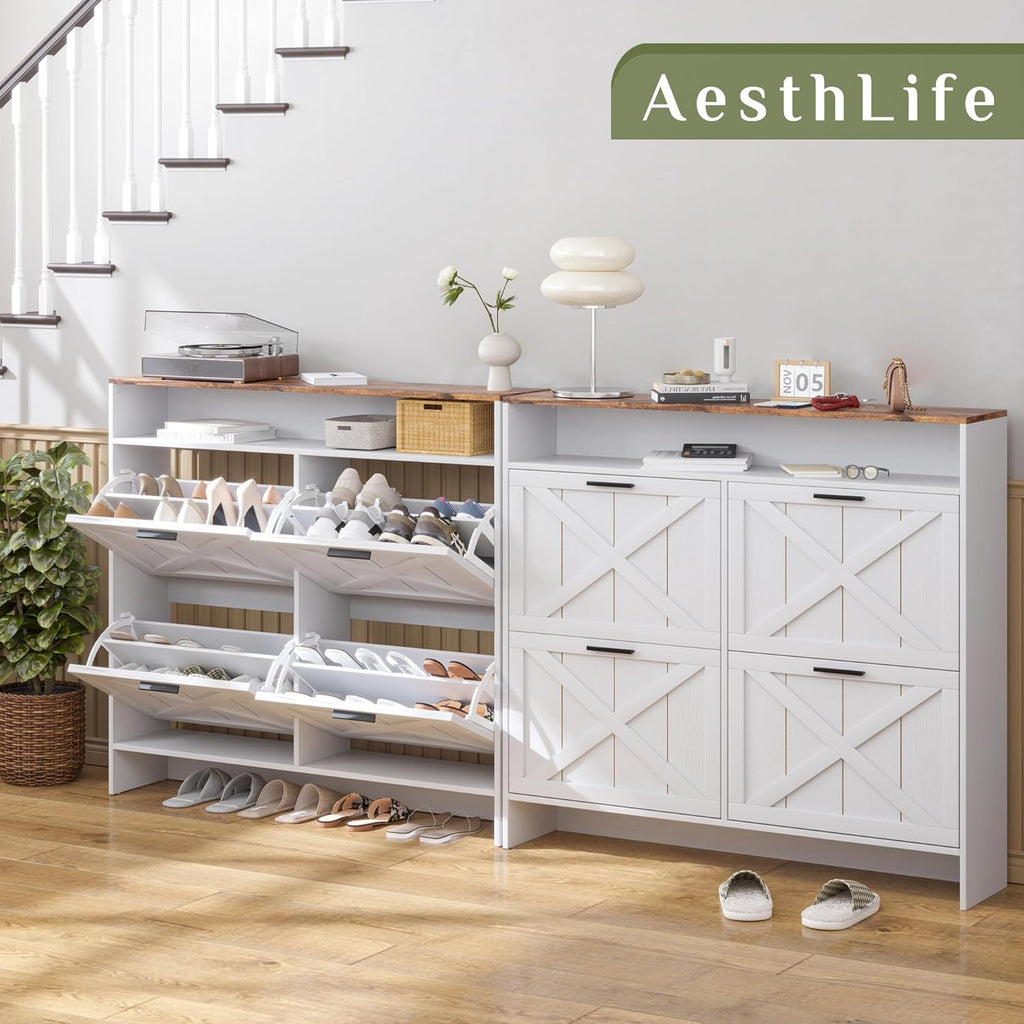 AesthLife Shoe Storage Cabinet - Rustic White 4-Drawer Organizer with Anti-Tip Base for Apartments