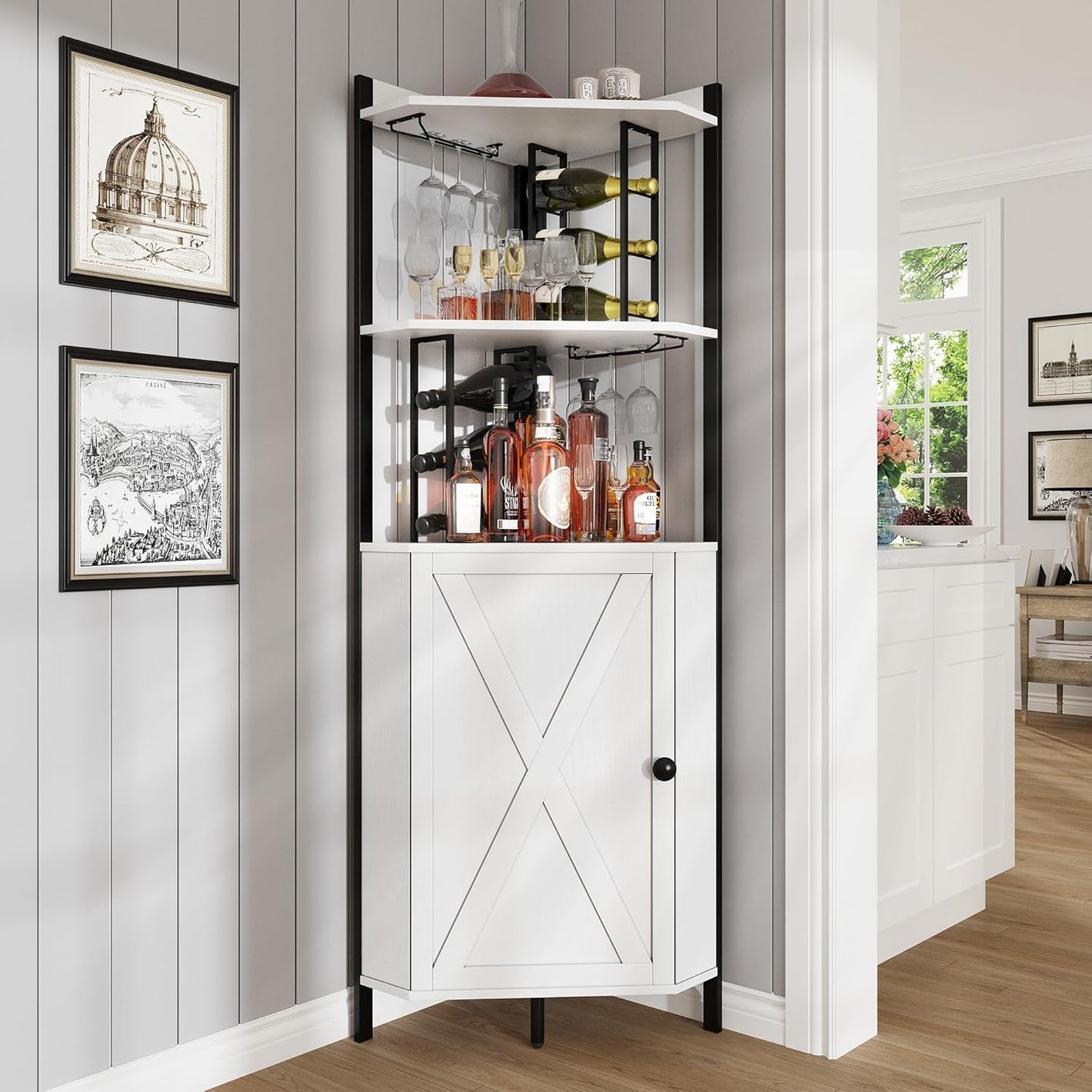 Vividwood 63" Corner Bar Cabinet‌ - Farmhouse Liquor Storage for 50+ Bottles (Ivory White)