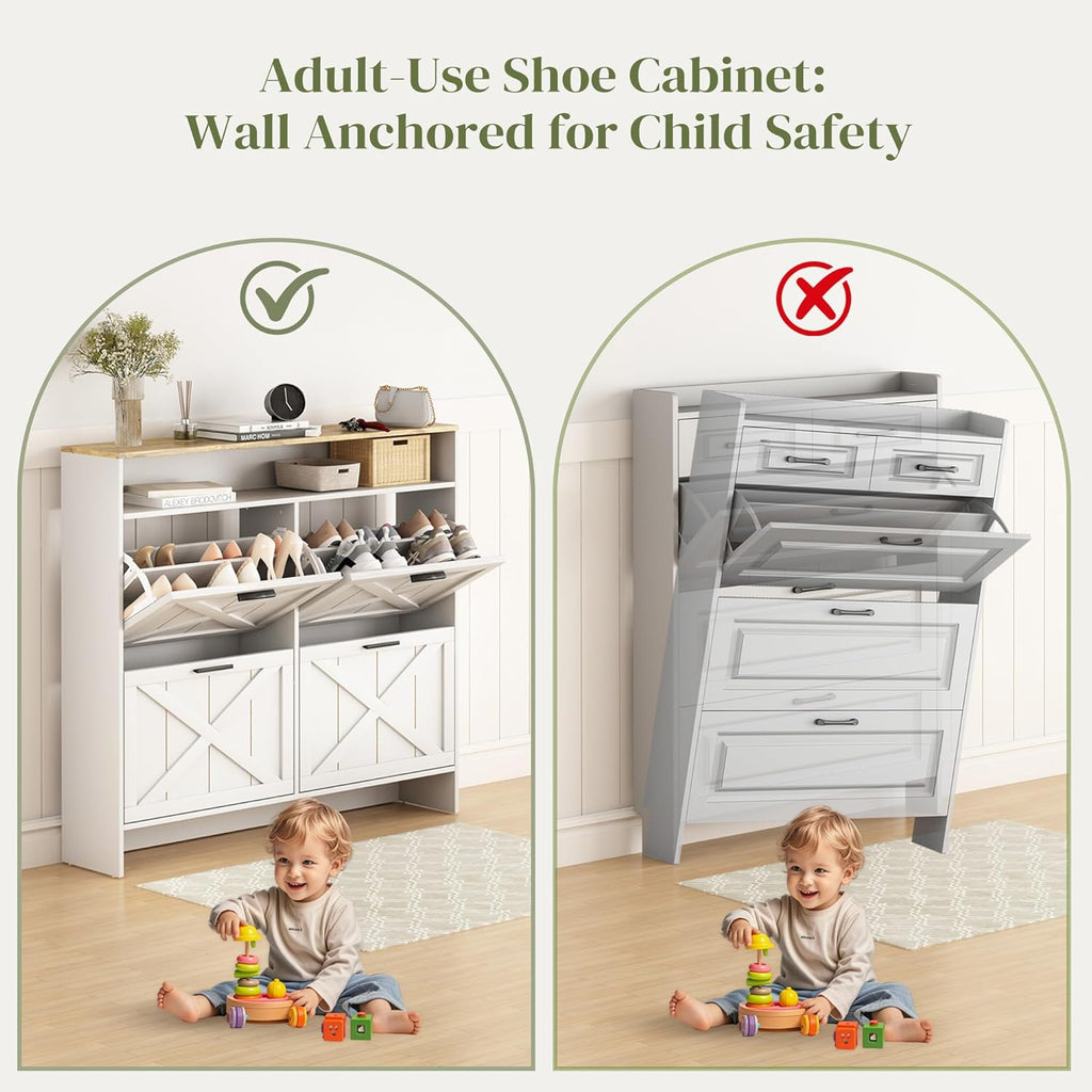 AesthLife Shoe Storage Cabinet - Rustic White 4-Drawer Organizer with Anti-Tip Base for Apartments