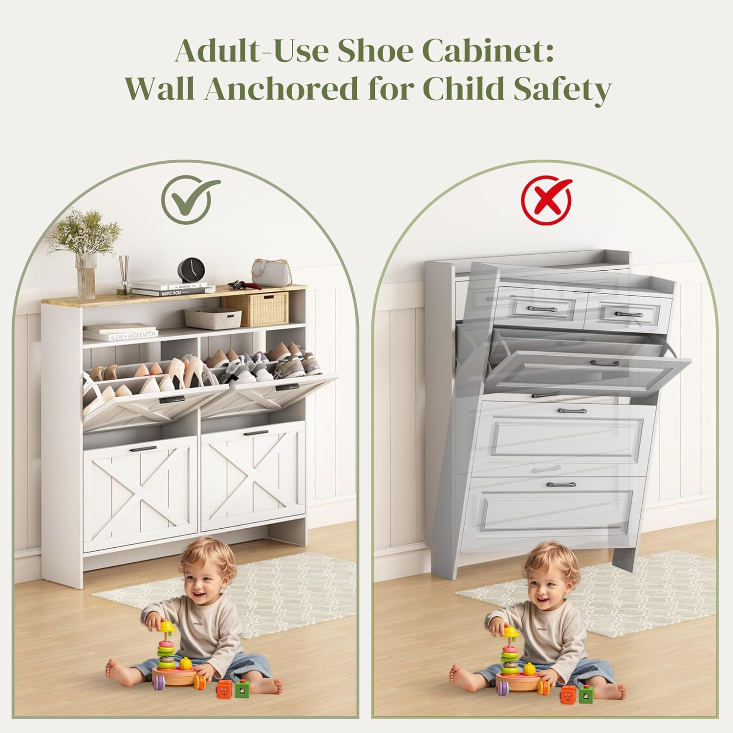 AesthLife Shoe Storage Cabinet - Rustic White 4-Drawer Organizer with Anti-Tip Base for Apartments