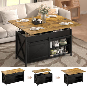 Vividwood Black Lift Top Coffee Table‌ - Multi-Function Center Table with Sliding Door