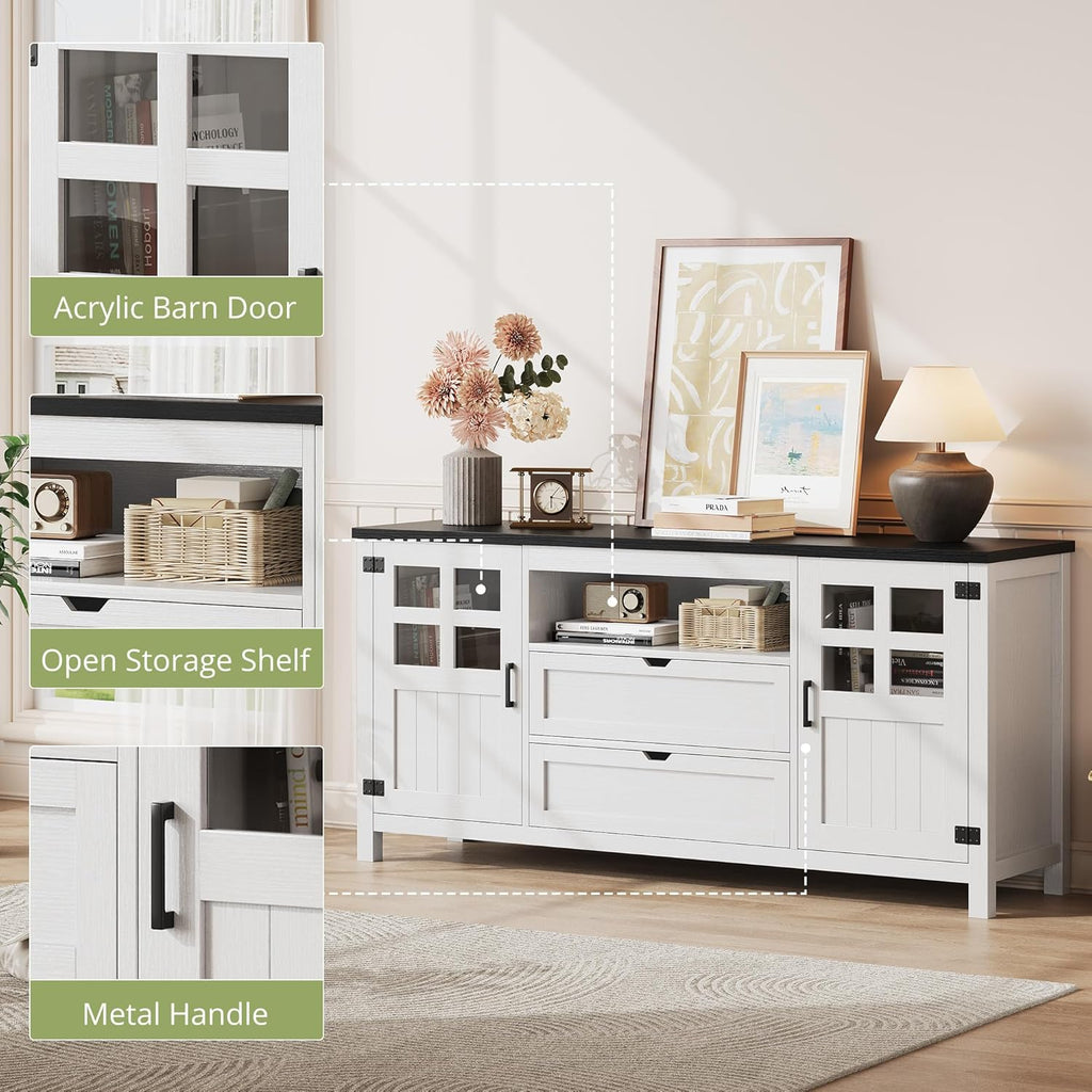 Vividwood Farmhouse TV Stand with Storage - Entertainment Center (Rustic White)