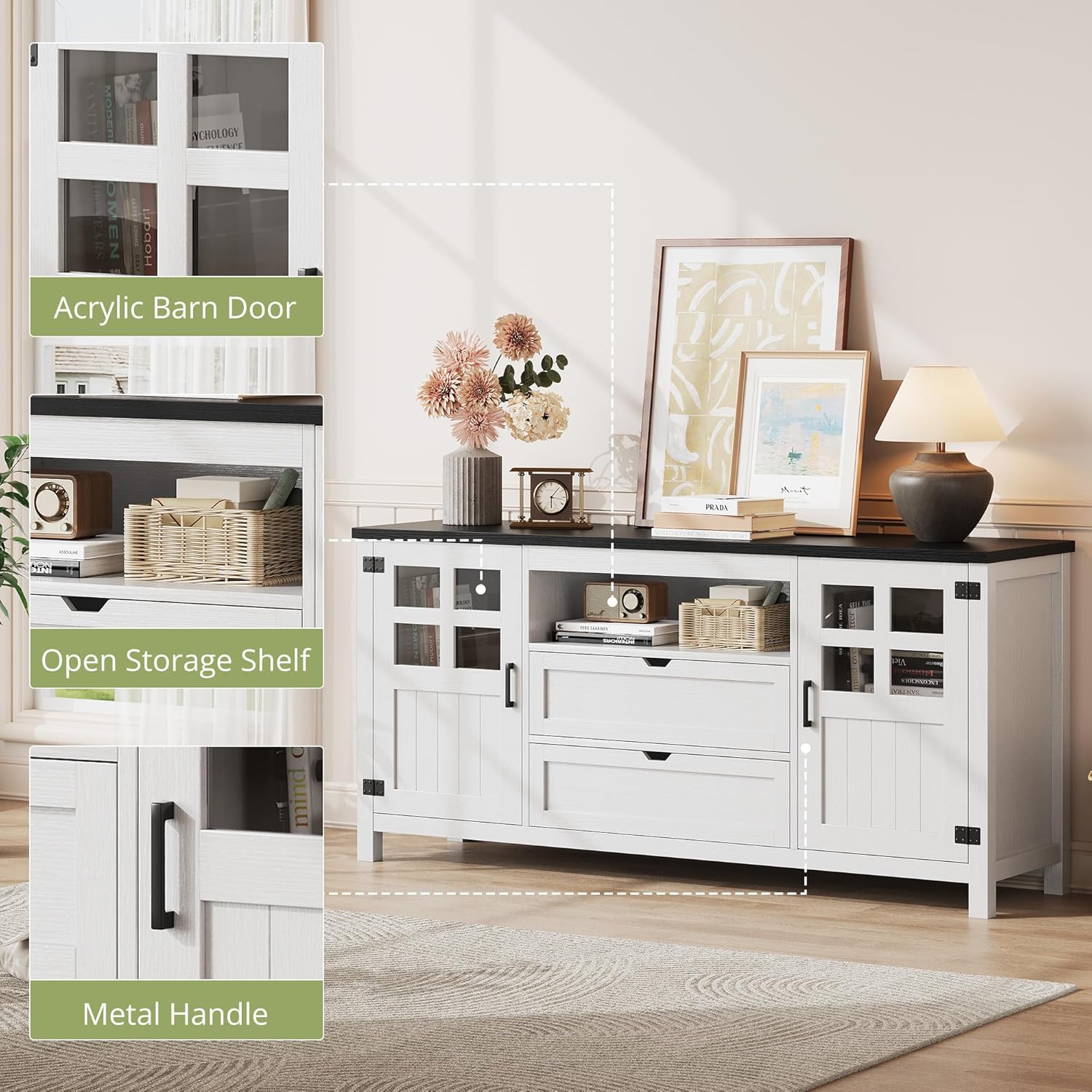 Vividwood Farmhouse TV Stand with Storage - Entertainment Center (Rustic White)