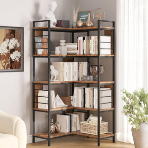 Vividwood 5-Tier Corner Bookshelf‌ - Industrial Wooden Display with Metal Frame