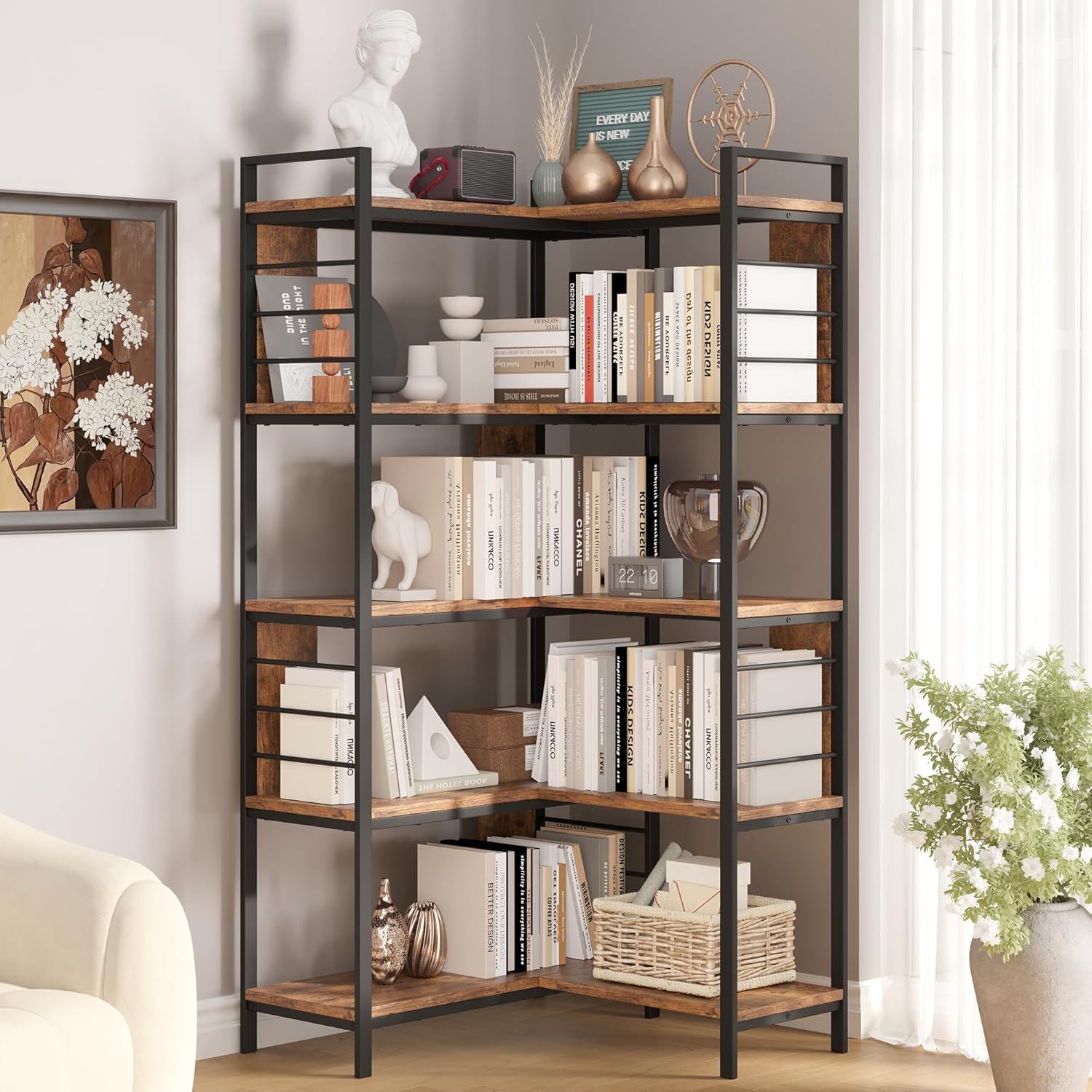 Vividwood 5-Tier Corner Bookshelf‌ - Industrial Wooden Display with Metal Frame