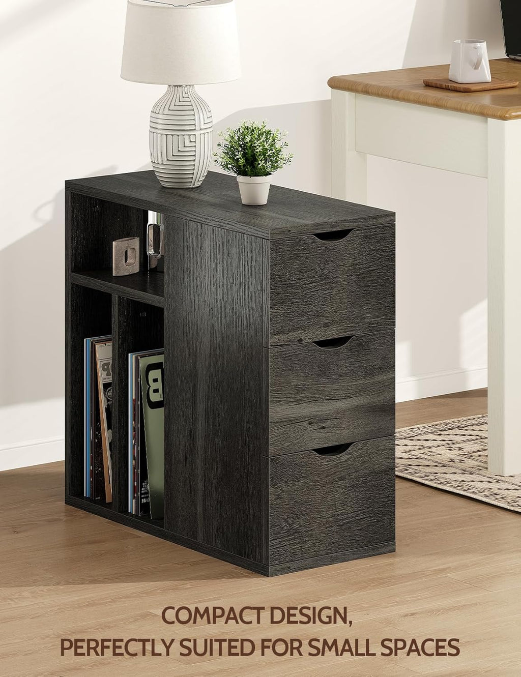 Vividwood 3-Drawer End Table‌ - Narrow Wood Side Table with Record Storage (Black)