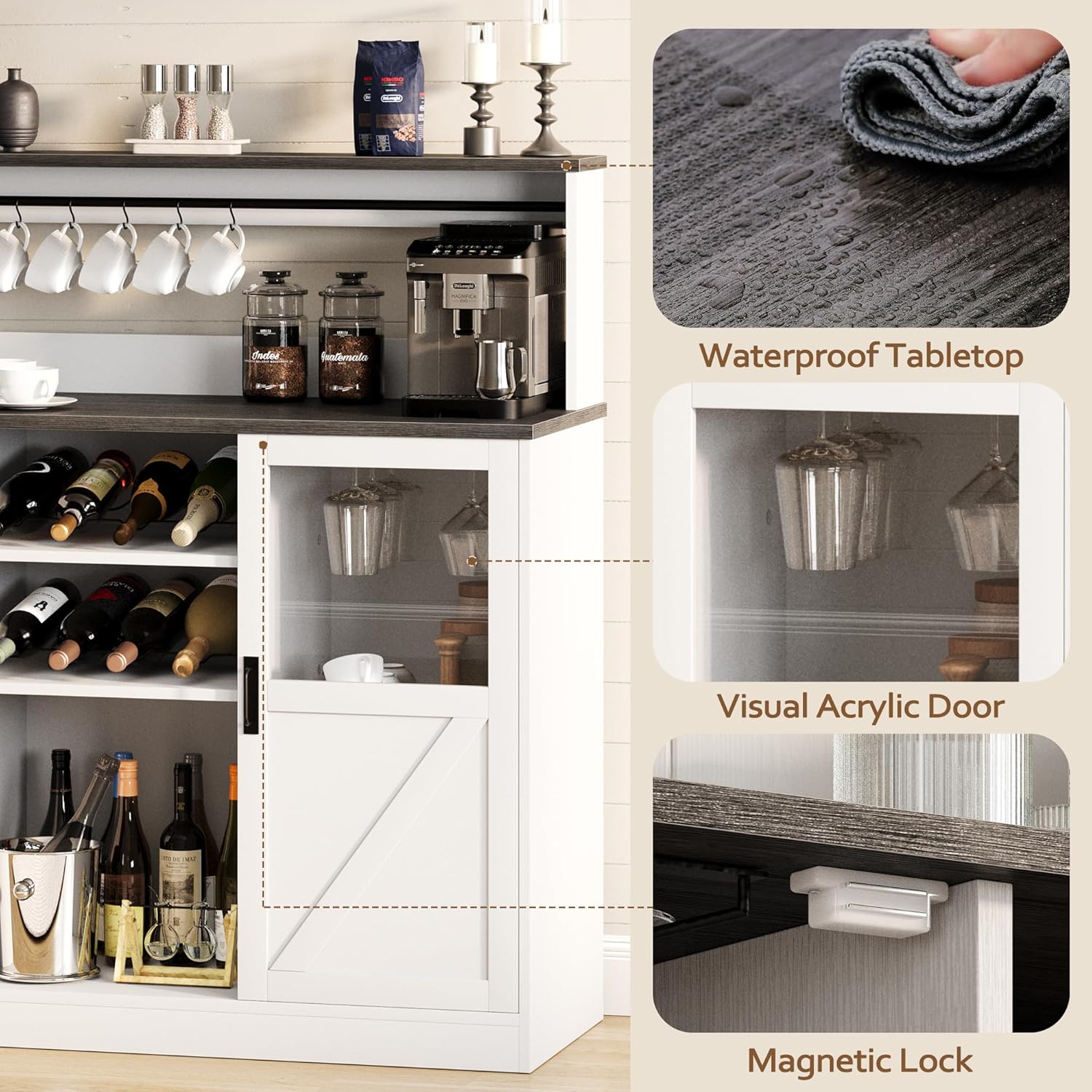 Vividwood Farmhouse Bar Cabinet‌ - Acrylic-Front Storage Hutch with Goblet Holder (Grey)