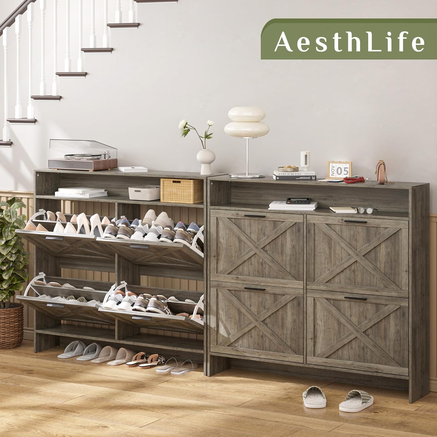 AesthLife Shoe Cabinet with 4 Flip Drawers - Rustic Grey Anti-Tip Design for Entryway & Hallway Storage