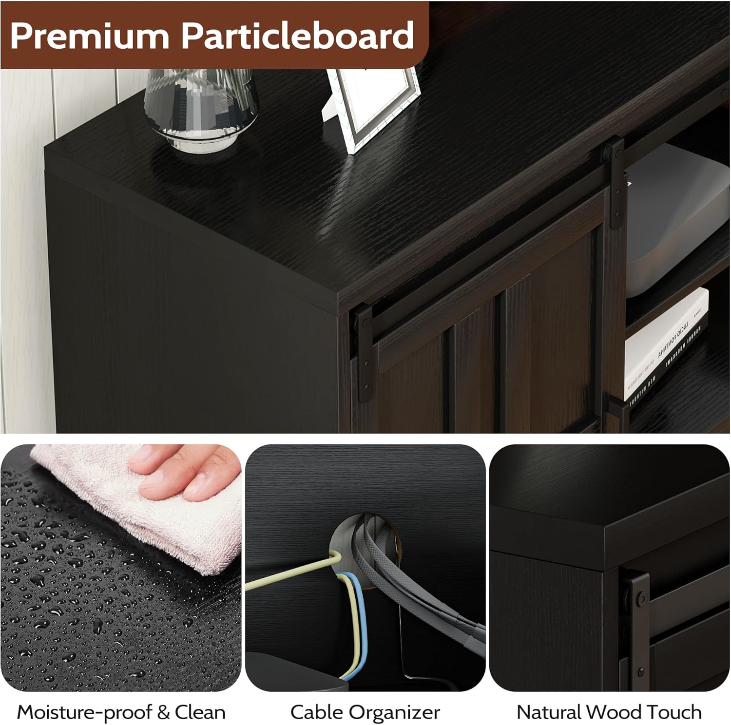 Vividwood Farmhouse TV Stand‌ - Adjustable Shelves & Barn Doors (Black)