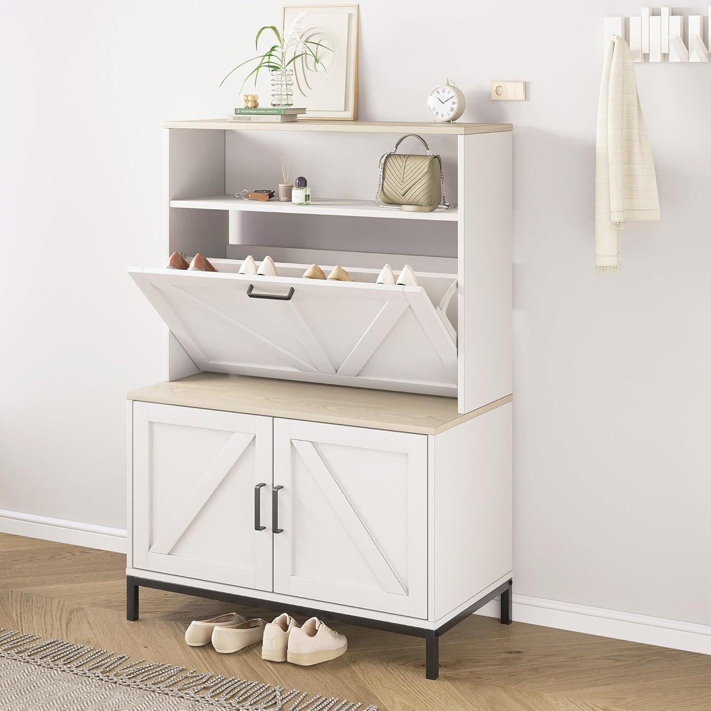 Vividwood Shoe Storage Cabinet - Anti-Tip Design with Metal Legs (Classical White)