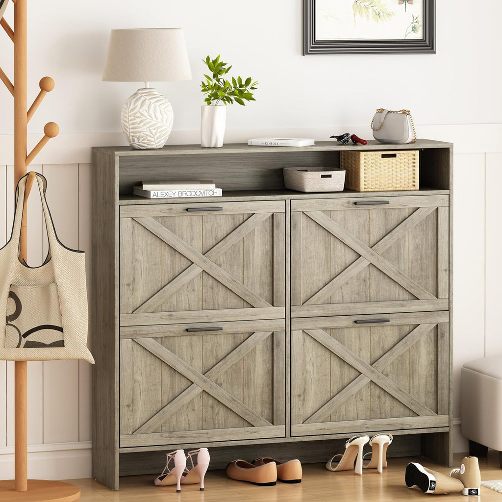 AesthLife Shoe Cabinet with 4 Flip Drawers - Rustic Grey Anti-Tip Design for Entryway & Hallway Storage