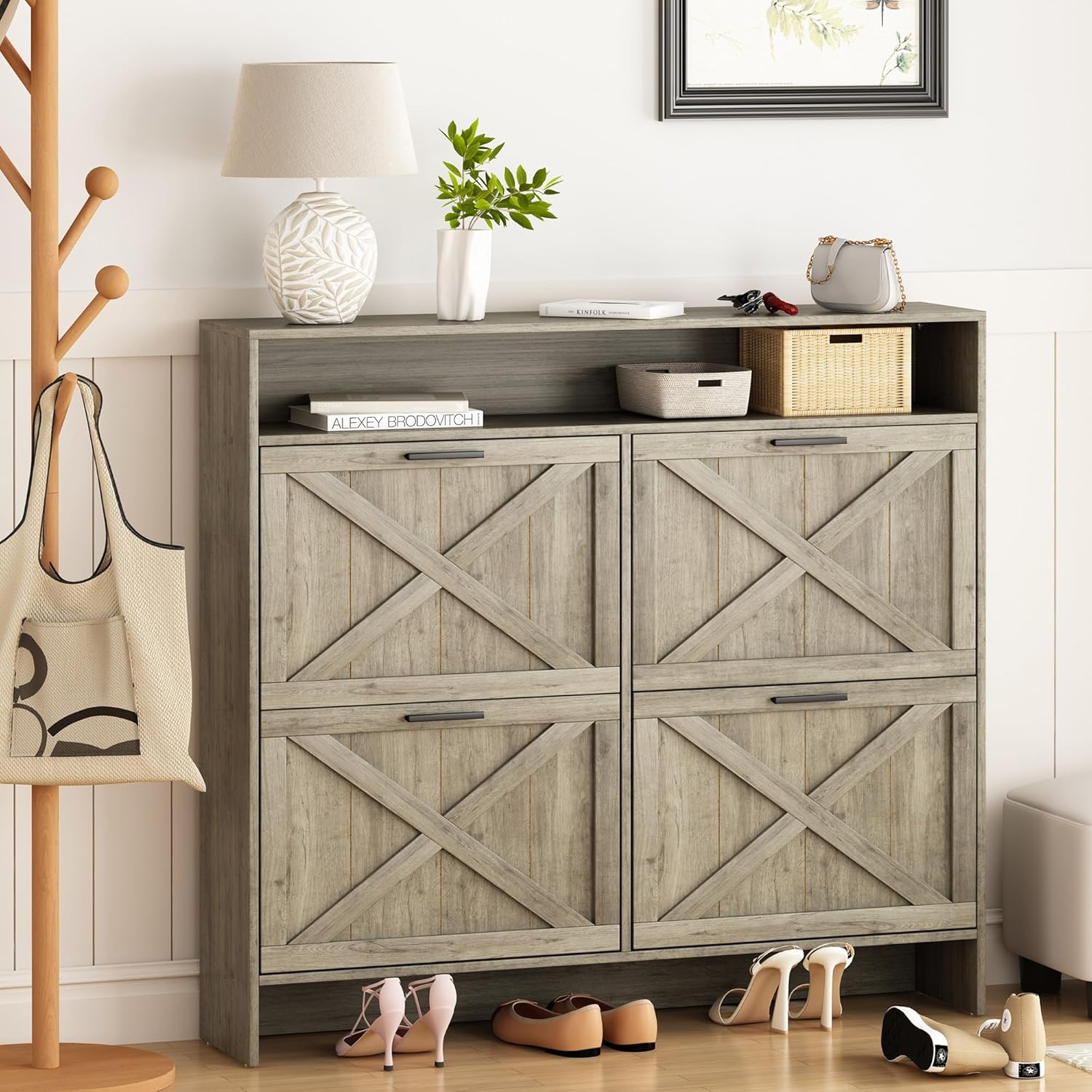 AesthLife Shoe Cabinet with 4 Flip Drawers - Rustic Grey Anti-Tip Design for Entryway & Hallway Storage