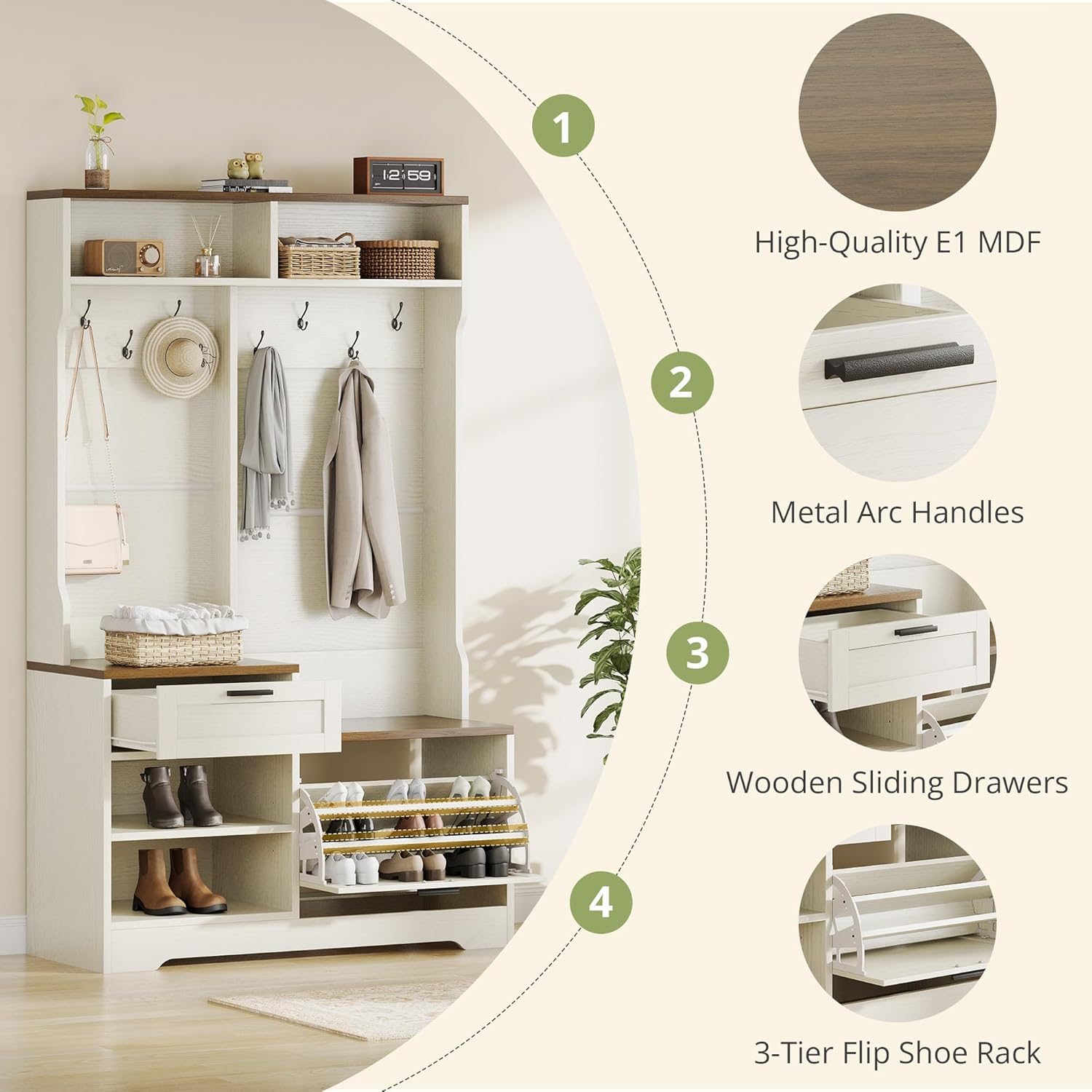 AesthLife Hall Tree with Bench & Shoe Storage - 7-Hook Coat Rack Entryway Organizer (Walnut Brown)