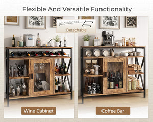Vividwood Rustic Wine Bar Cabinet‌ - Industrial Liquor Storage with Metal Cart