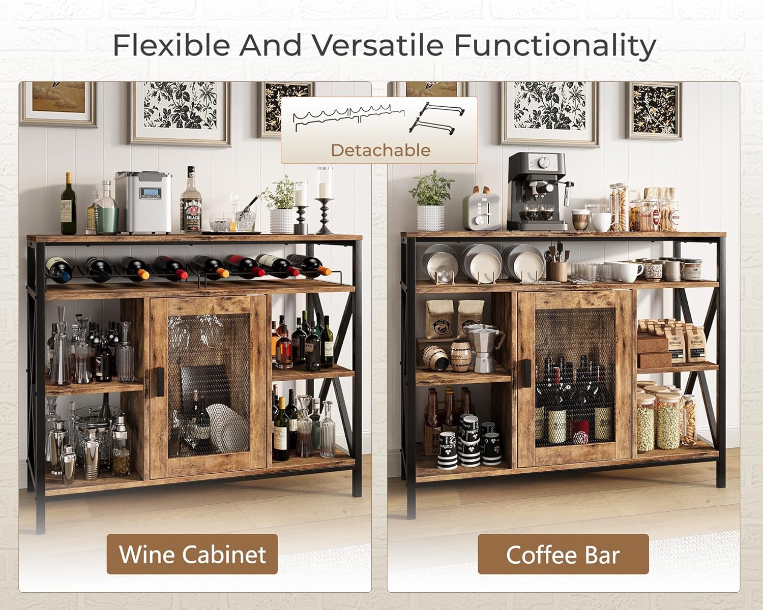 Vividwood Rustic Wine Bar Cabinet‌ - Industrial Liquor Storage with Metal Cart