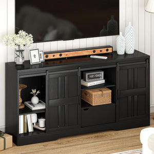Vividwood Farmhouse TV Stand‌ - Adjustable Shelves & Barn Doors (Black)