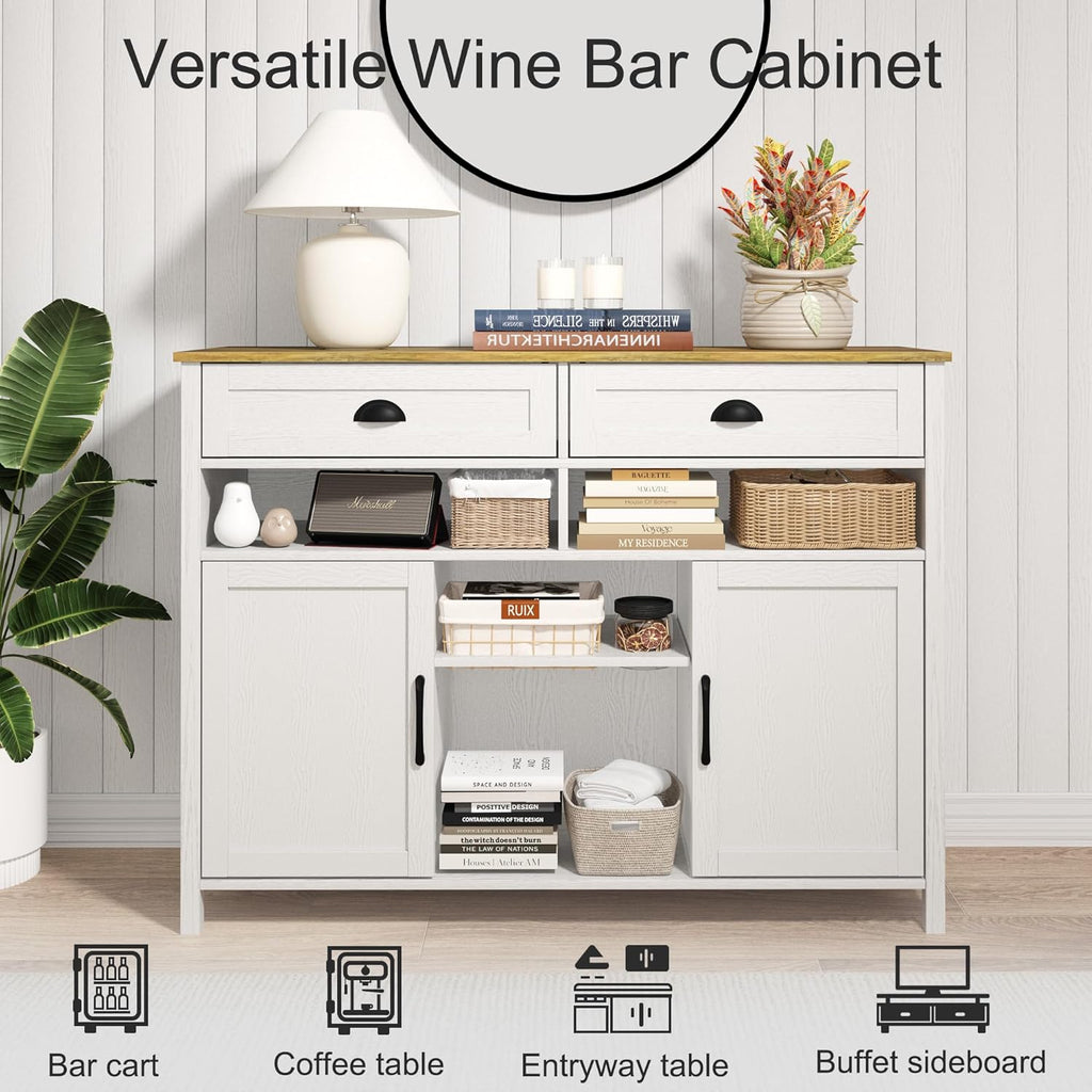 Vividwood Modern Farmhouse Wine Cabinet‌ - 47.2" with Glass Rack & Drawers (White)
