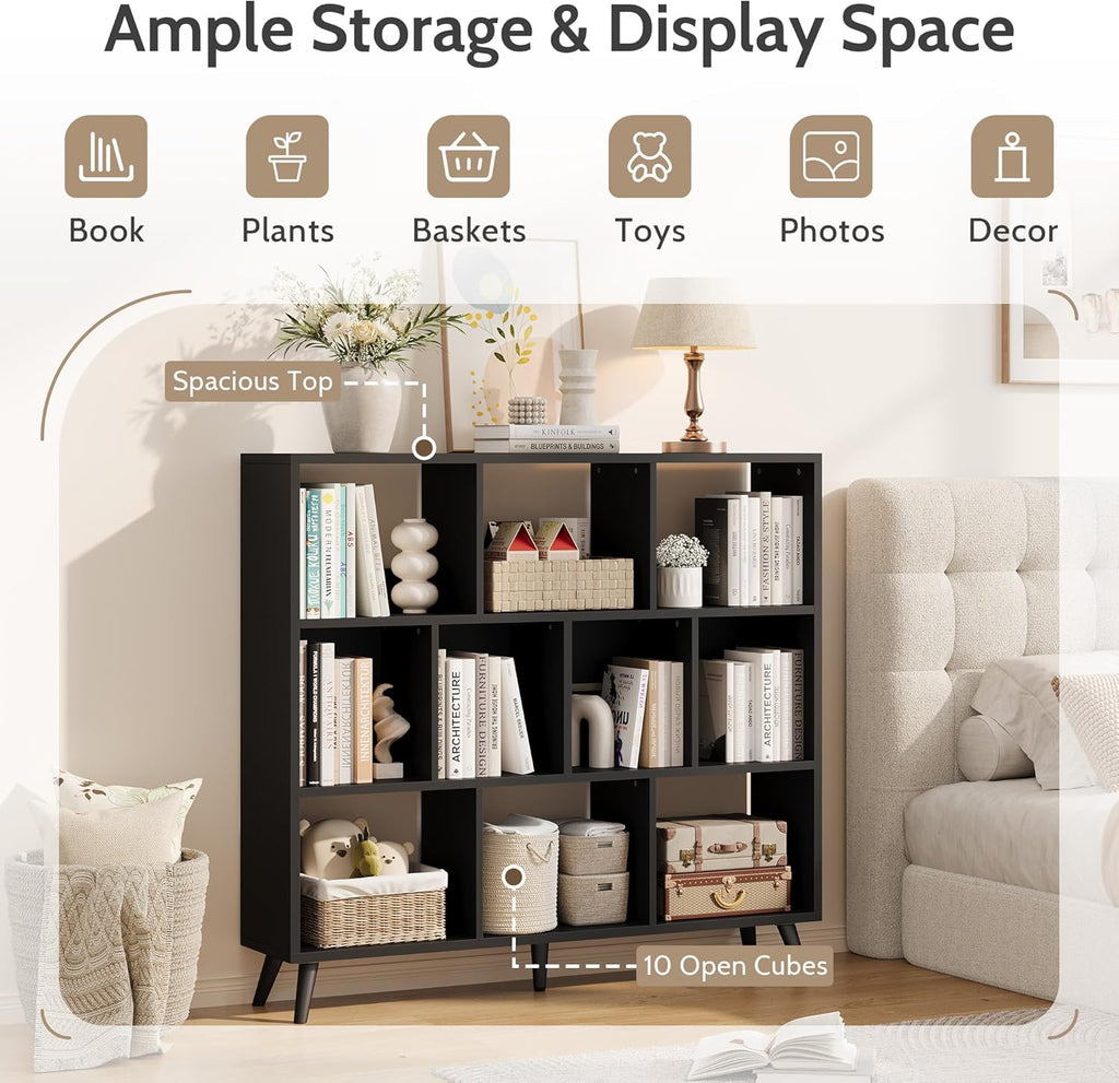 Vividwood 10-Cube Bookcase - 3-Tier Wooden Storage Organizer for Small Spaces (Black)