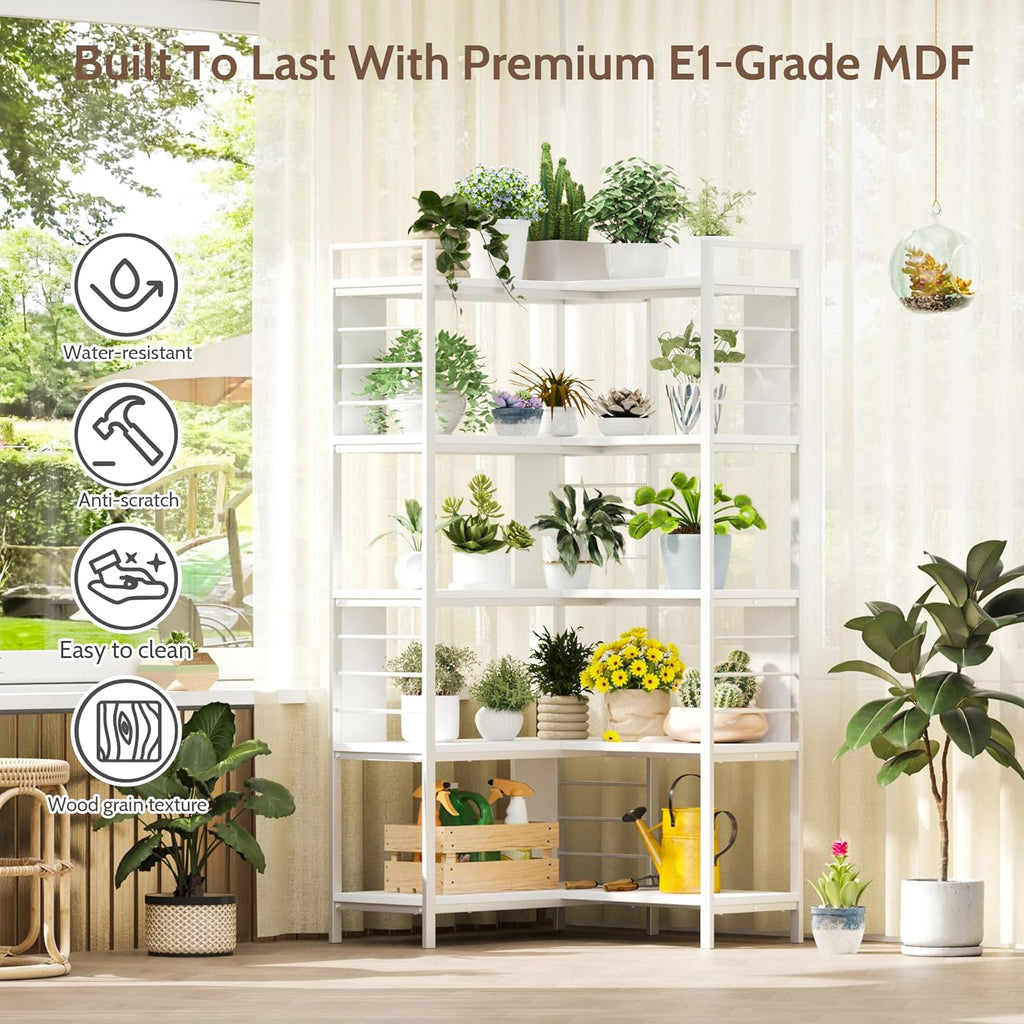 Vividwood 5-Tier Corner Bookshelf - Industrial Wooden Display Shelf with Metal Frame