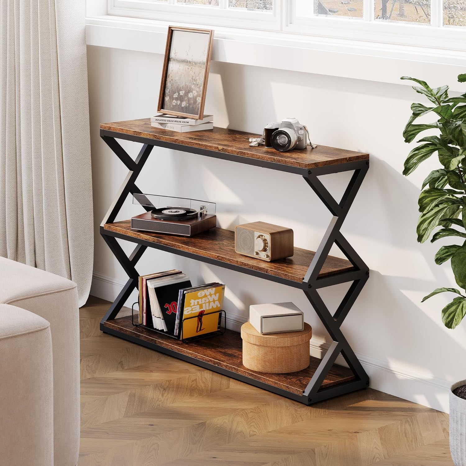 Vividwood Rustic Console Table - 47.2" Industrial Entryway Table with 3-Tier Shelves (Vintage Brown)