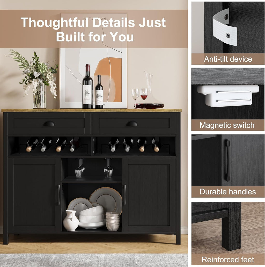 Vividwood 47.2" Farmhouse Wine Cabinet - Wine & Glass Rack Storage (Black)