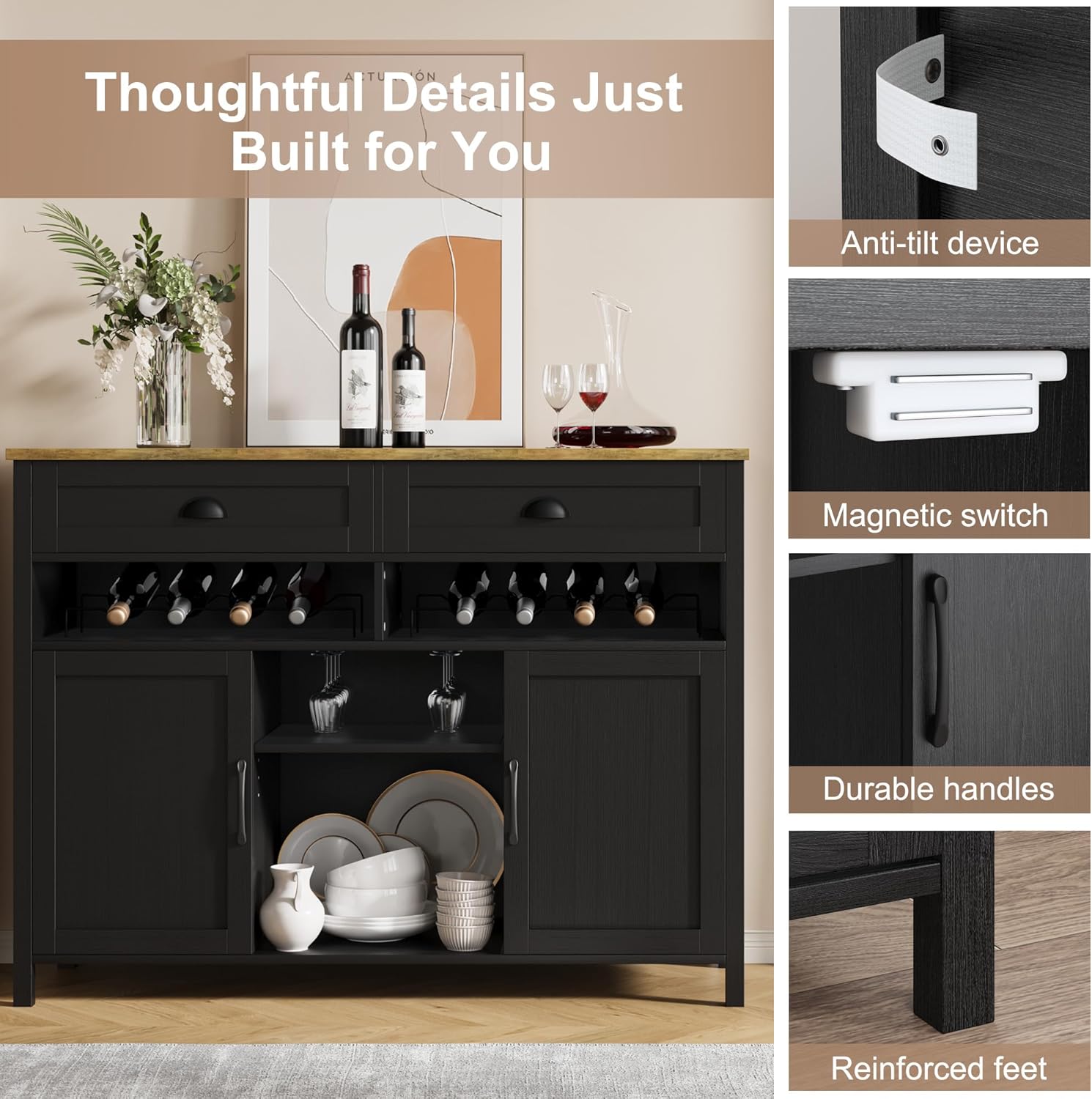 Vividwood 47.2" Farmhouse Wine Cabinet - Wine & Glass Rack Storage (Black)