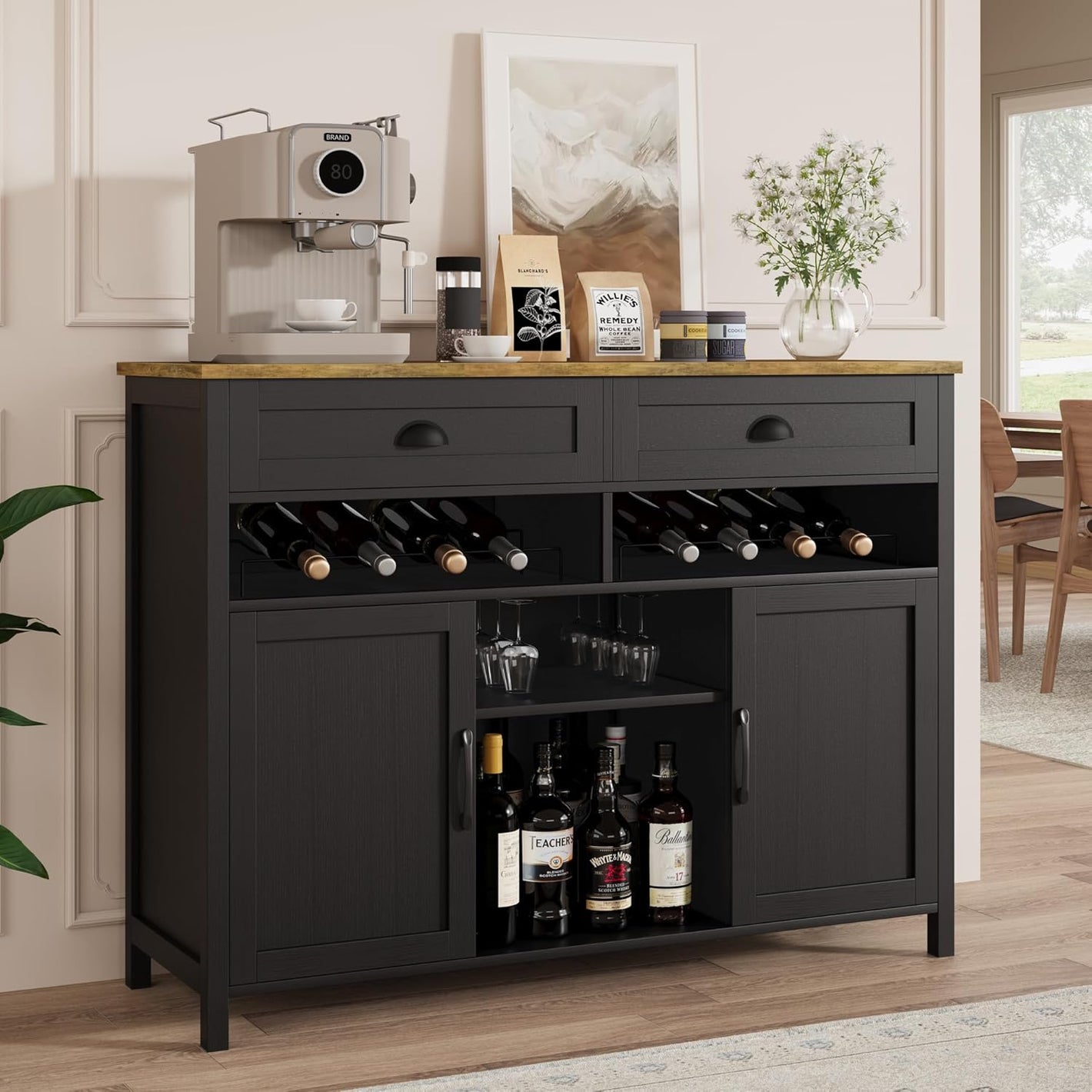 Vividwood 47.2" Farmhouse Wine Cabinet - Wine & Glass Rack Storage (Black)