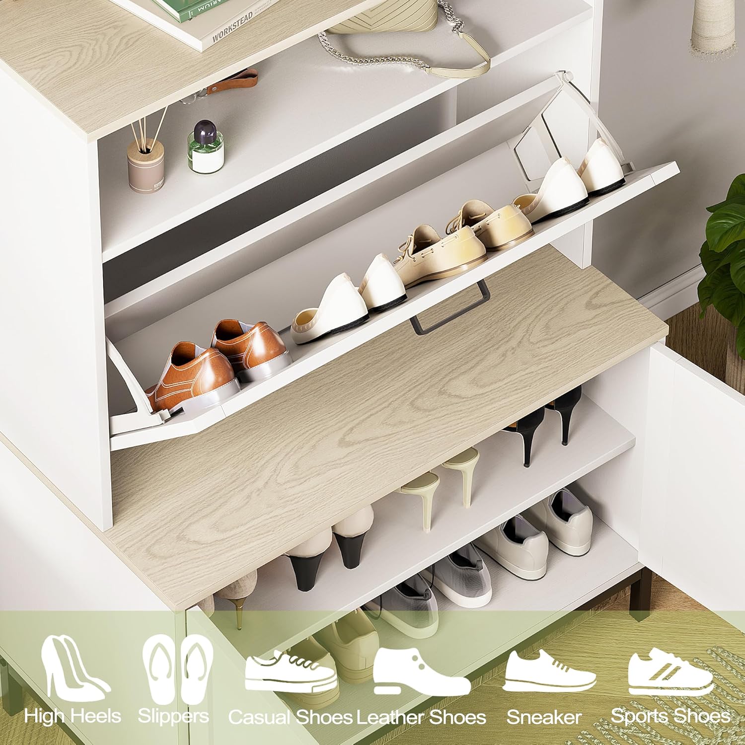 Vividwood Shoe Storage Cabinet - Anti-Tip Design with Metal Legs (Classical White)