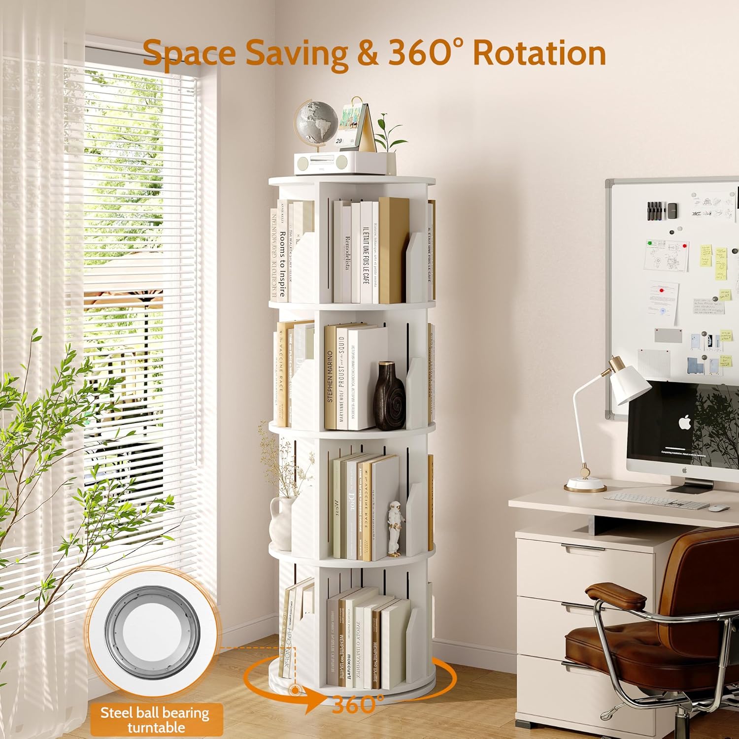 Vividwood 360° Spinning Bookshelf - 4-Tier Corner Organizer for Small Spaces & Kids Rooms (white)
